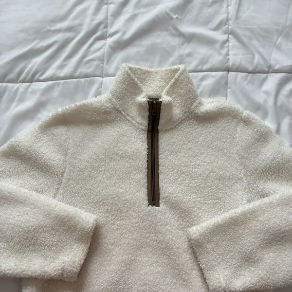 Womens Medium Sherpa‎ Jacket Sweater White Fleece 1/4 Zip Pullover Winter Fall - Image 2