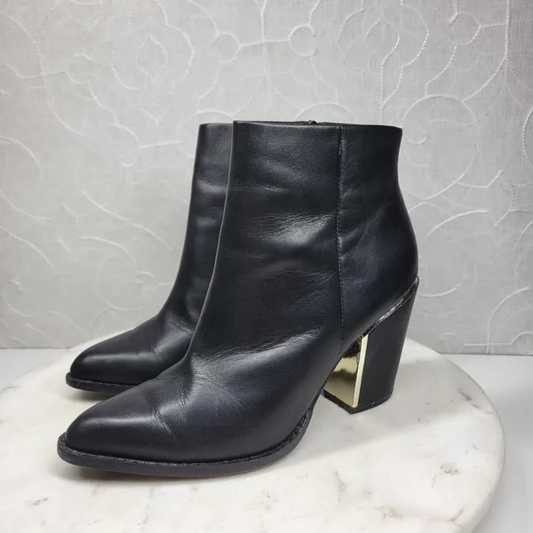 ALDO Leather Ankle Boots Womens 6.5 Black Gold Plate Block Heel Pointed Toe - Image 6