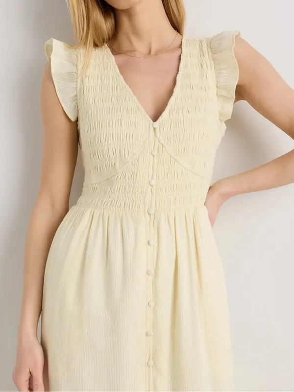 Quince Organic Textured Cotton Smocked V-Neck Midi Dress Pale Custard Yellow L - Image 3