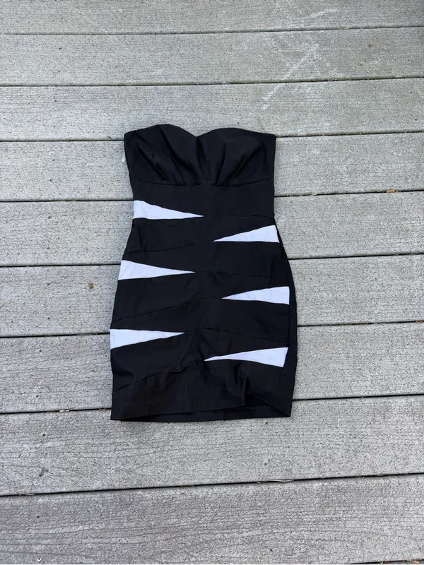 Body Central Black Strapless Mini Dress with White Cutouts - Image 2