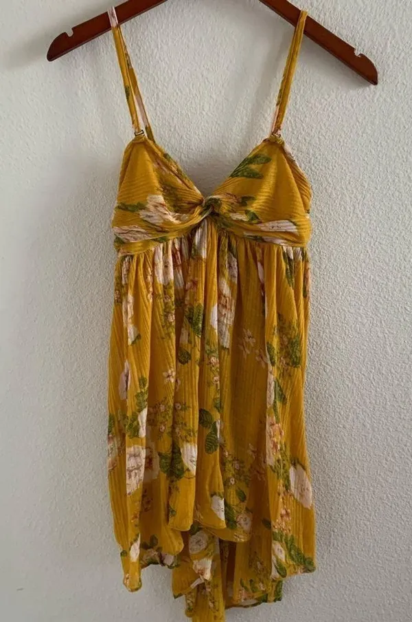 Free People Baby Doll Hi-Low Floral Tunic Boho Mustard Gold Yellow Small - Image 2