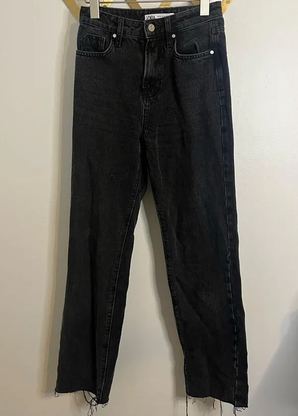 Zara High Rise Straight Leg Raw Hem Black Denim Jeans 0 - Image 2