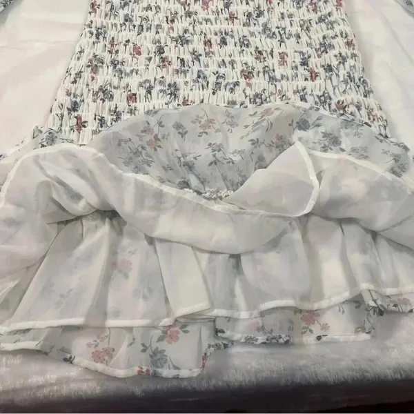 Goodnight Macaroon White Floral Smocked Sheer Sleeve Dress - Image 6