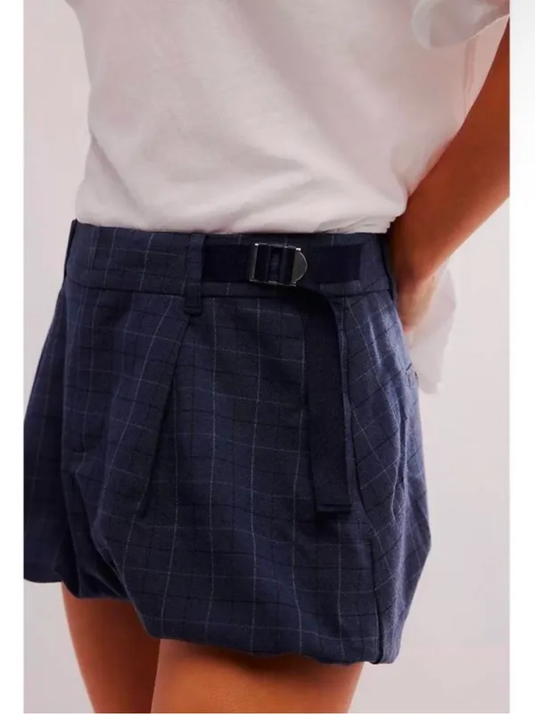 Free People 8 NWOT Saturn Bubble Mini Skirt Navy Plaid Preppy Academia Belted - Image 2