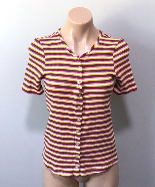 Maeve Anthropologie Ribbed Stripped Button Top - Image 2