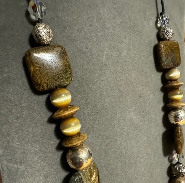 Beaded gemstone, wood plastic statement necklace Brown - Image 3