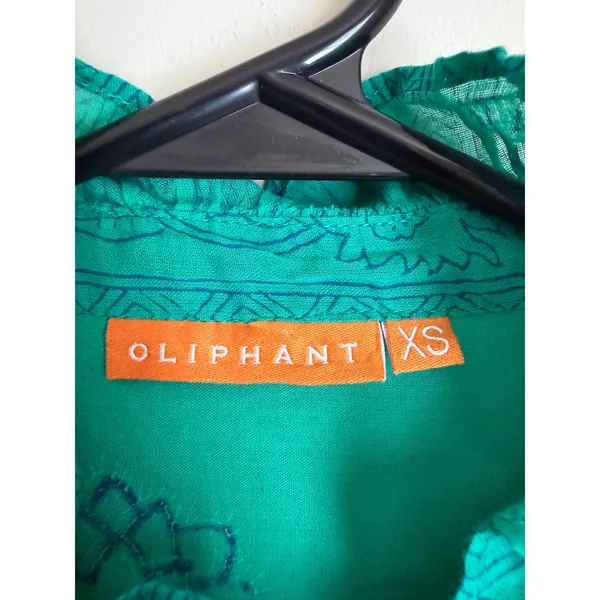 Oliphant Blouse Womens XS Ruffle Green Floral Puff Sleeve Tuckerneck - Image 8