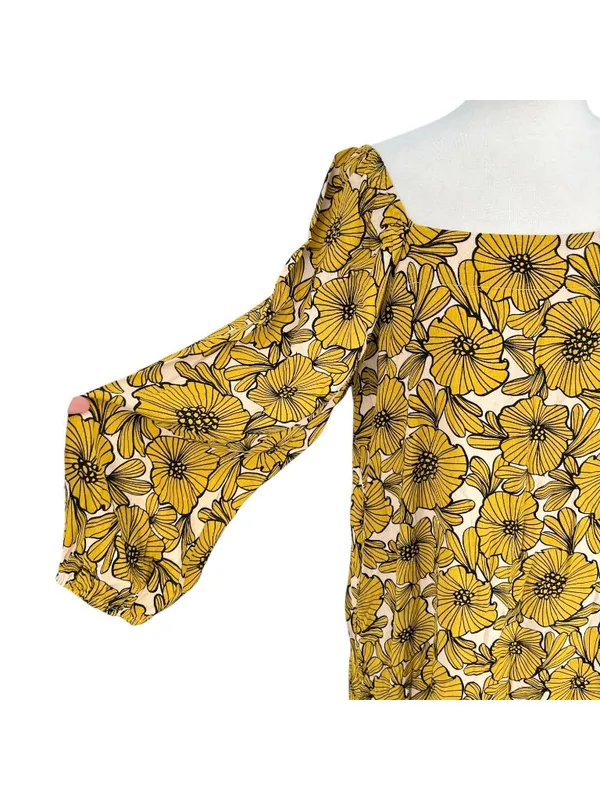Anthropologie Morgyn Retro Boho Chic Floral Tunic Dress Yellow Ivory Size Large - Image 5