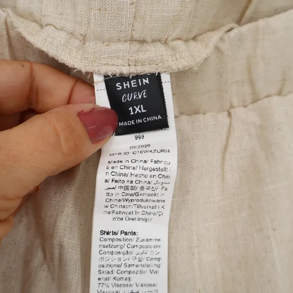 SHEIN 2 Piece Set Womens 1XL Linen Blend Beige Puff Sleeve Wide Leg Excellent - Image 6