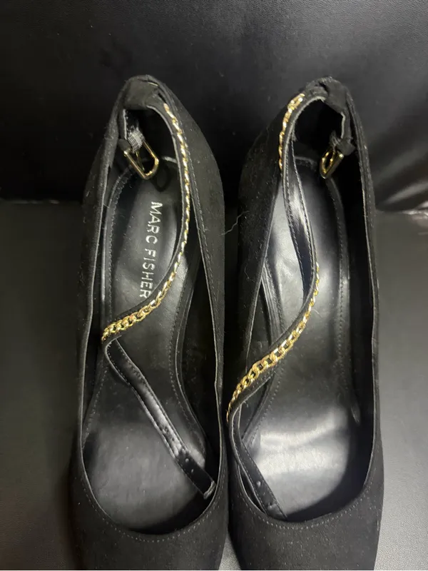 Marc Fisher Black Suede Pointed Toe Pumps with Chain Detail - Image 2
