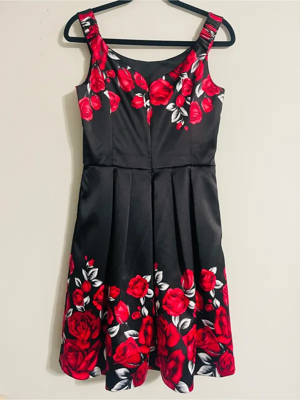Vintage Formal Dark Romantic Satin Red Rose Gothic Flare Dress 6 Vampy Grunge - Image 10