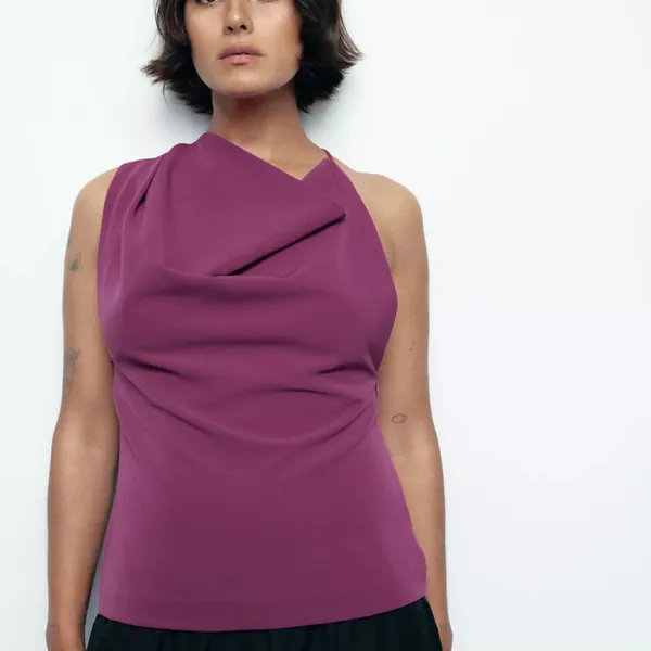 Zara NWT plum asymmetrical cowl neck draped sleeveless top - Image 5
