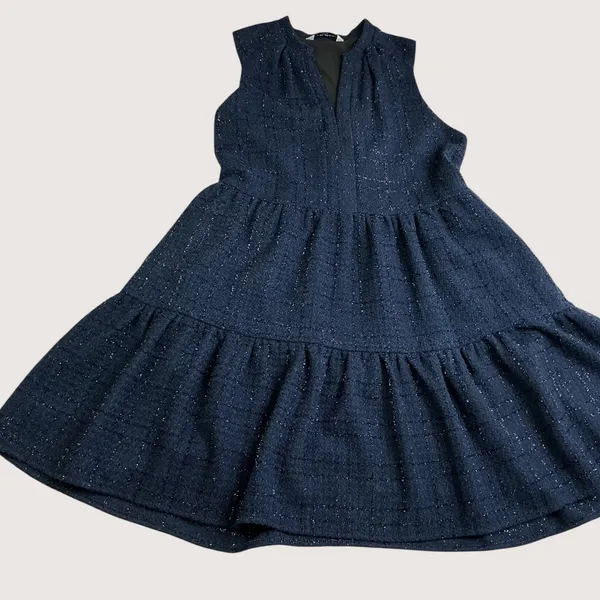 Amanda Uprichard Navy Blue Metallic Tweed Tiered Mini Dress‎ XS Split V-Neck - Image 3