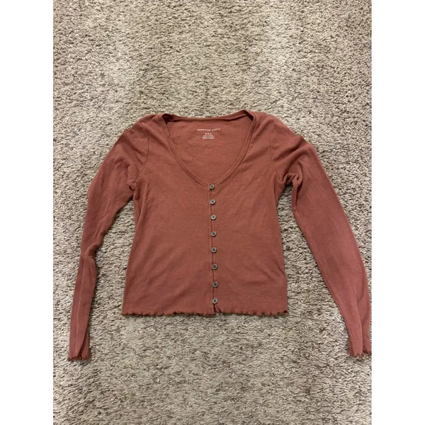 American‎ Eagle Top Ribbed Button Front Cropped Top Y2K Medium Rust Brown - Image 6