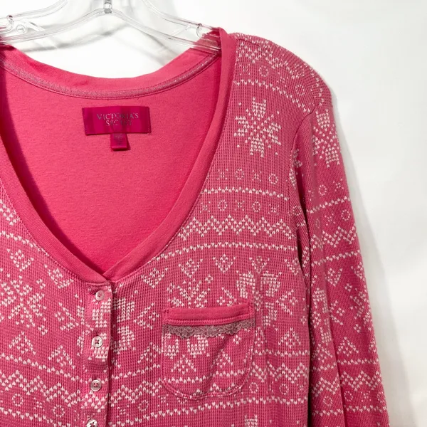 Victoria's Secret Large Sleep Romper Pink Y2K Long‎ Sleeve Thermal Argyle 1628 - Image 7