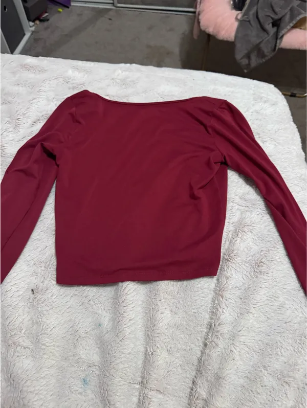 Red Square Neck Long Sleeve Hollister Seamed Faux Corset Crop T-Shirt - Image 3