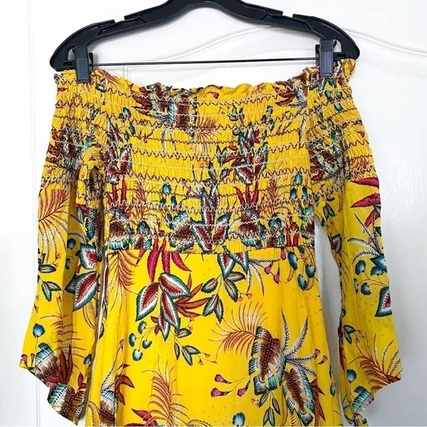 Farm‎ Rio Dress Bria Smocked Mini Floral Off-Shoulder Yellow Multi XS EUC - Image 9