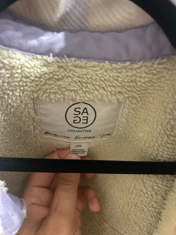 Sage Collective Cream, Beige & Light Lavender Plaid Shacket - Image 3