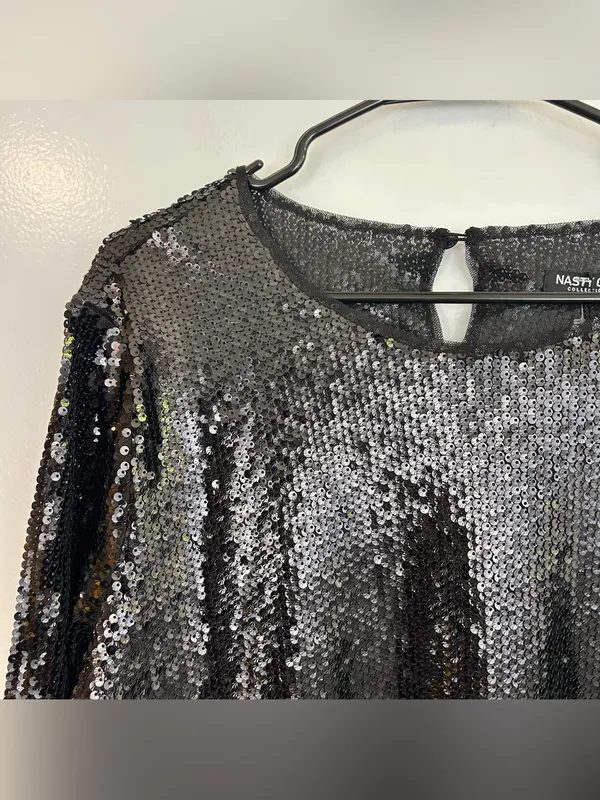 NWT Nasty Gal Black Sheer Sequin Long Sleeve Mini Shift Party Dress Size 18 - Image 4