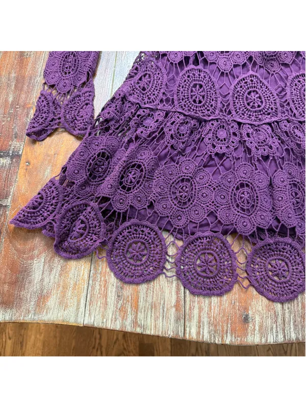 Free People Purple Crochet Lace Mini Dress Double Tie Back Tassel Bell Sleeve Sm - Image 5