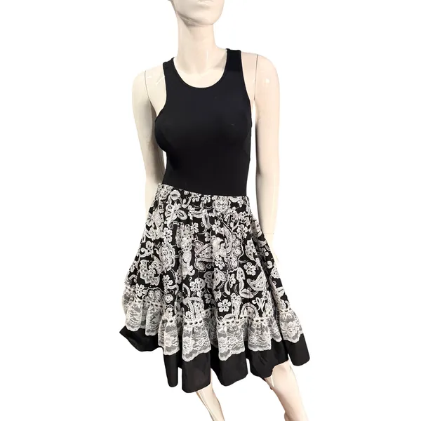 Black White Paisley Floral Lace Tiered Skirt Smocked Waist Boho Knee milkmaid XL - Image 4