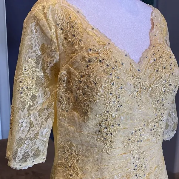 Women’s Yellow Lace Full Length Dress Mother of the Bride Small Train Zip Size L - Image 3