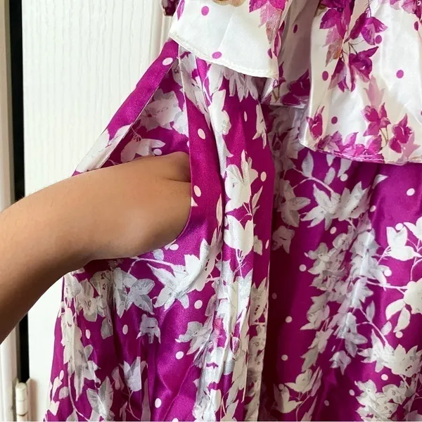 AMUR Dress Off-The-Shoulder Popover Waist Floral Silk Flowy Midi Magenta‎ 4 NWT - Image 4
