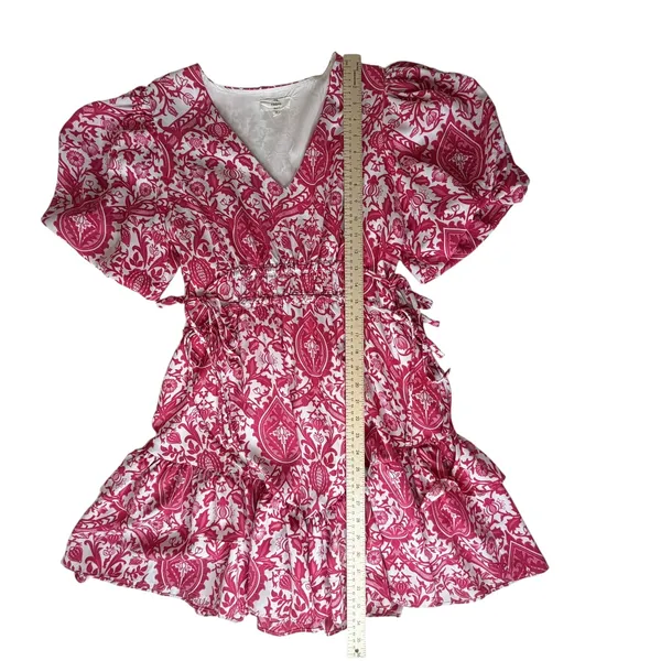 Entro Pink Damask Print V-Neck Smocked Mini Dress Small Vibrant Festival Girly - Image 11
