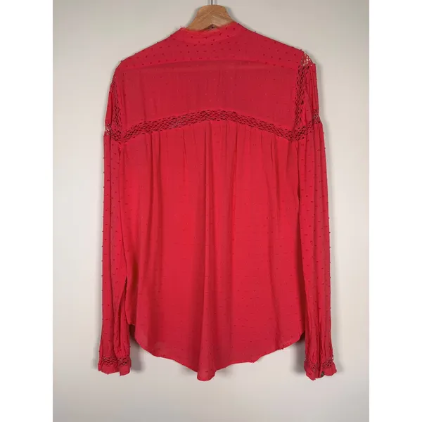 Free People Abigail Victorian Lace Yoke Pink Red Button Up Top Womens‎ Large - Image 5