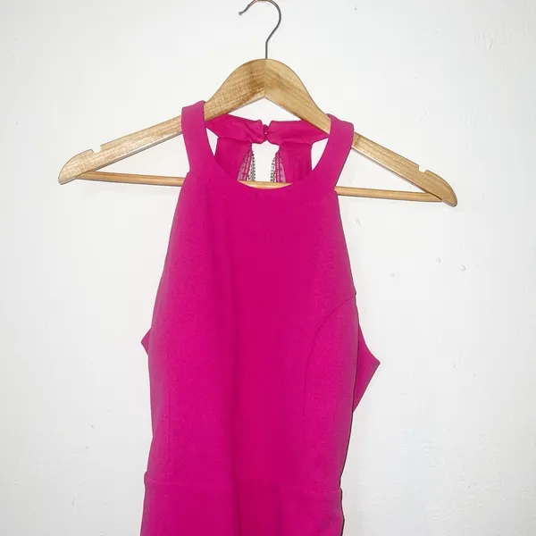 Sincerely Jules hot pink glitter fringe open back high neck mini dress - Image 2