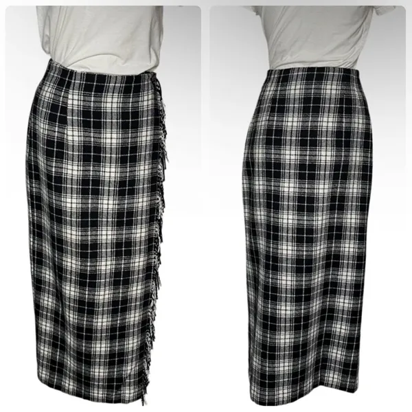 CAMBRIDGE COUNTRY Plaid Skirt Black White Wrap Fringe Edge Midi Size 6 VINTAGE - Image 9