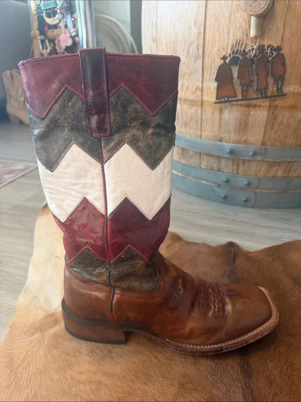 $299 Macie Bean Red White & Brown Leather Western Square Toe Cowgirl Boots 9.5 - Image 9