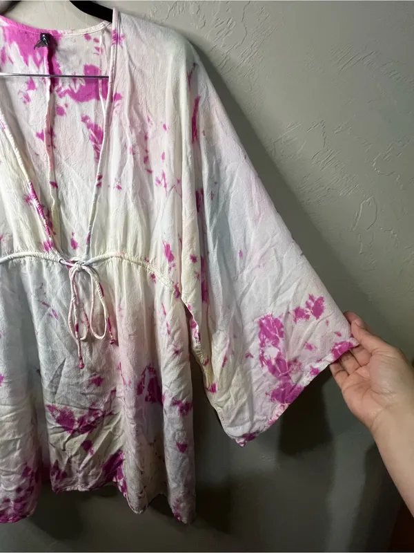 Raviya Petunia Pink Yellow Tie Dye Rayon Swim Cover Up Tunic Beach Vacation - Image 5