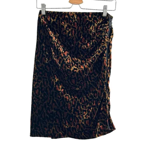 The Kooples Fire Brown Velvet Skirt Leopard Print Front Zipper Size 2 Medium‎ - Image 3