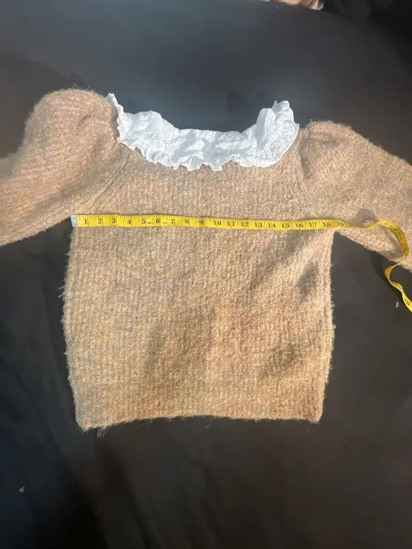 Lush Taupe Knit Cardigan with White Eyelet Peter Pan Collar - Image 7
