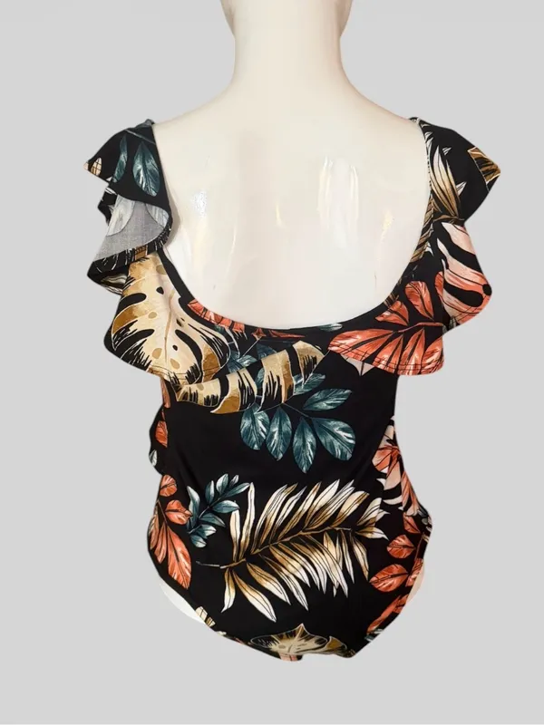 Floral Ruffle V-Neck Black Tropical Leaf Bodysuit - Image 4