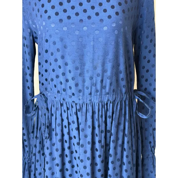 Sandro Polka Dot Poplin Dress Women Small Blue Bell‎ Sleeve Pleated Retro Luxury - Image 7