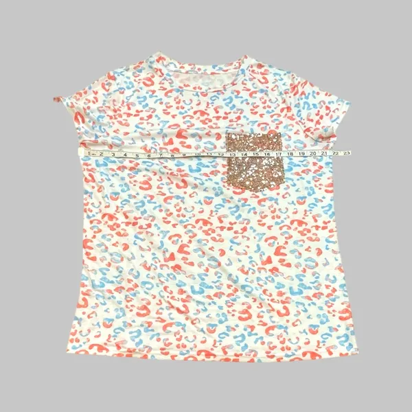 Leopard Print White, Orange, and Blue Shirt with Sequin Glitter Pocket - Image 5