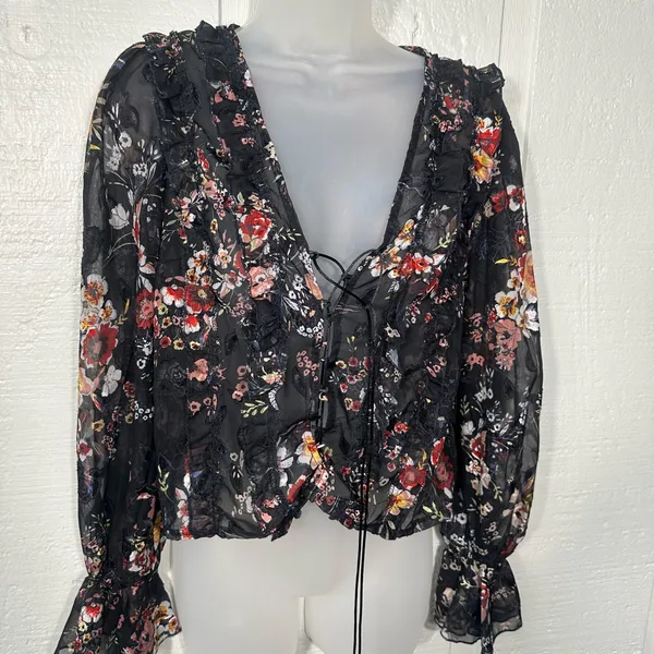 Nasty Gal Black Floral Sheer Top Size 4 EUC - Image 3