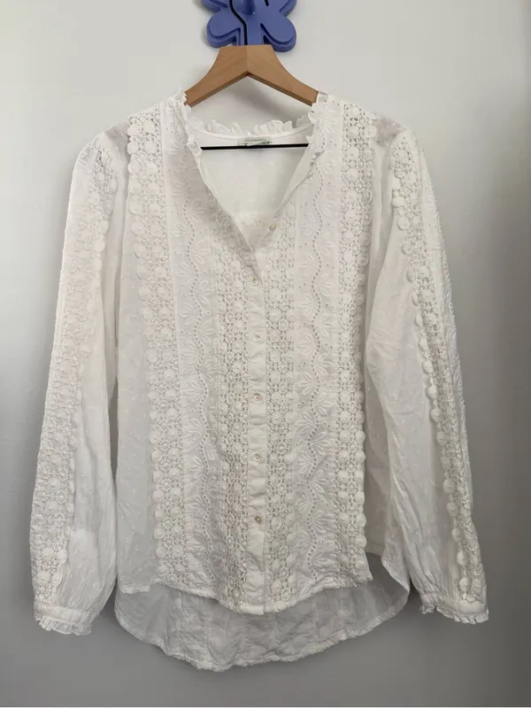 Sundance Large White Floral Embroidered Long Sleeve Blouse Crew Prairie Cottage - Image 2