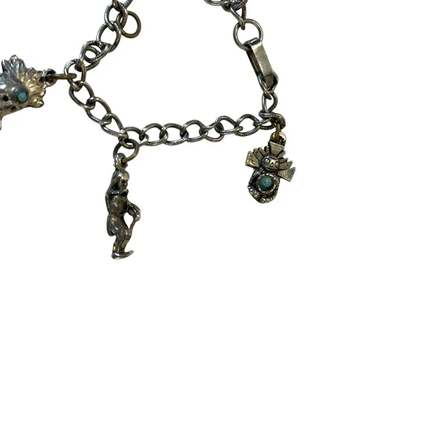 Turquoise Accented Charm Bracelet Anklet Southwestern Silver Tone Tribal Boho - Image 3