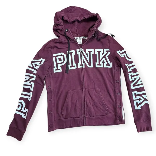 Victoria's Secret PINK Full Zip Hoodie Maroon Burgundy Snap Side Logo Small - Image 3