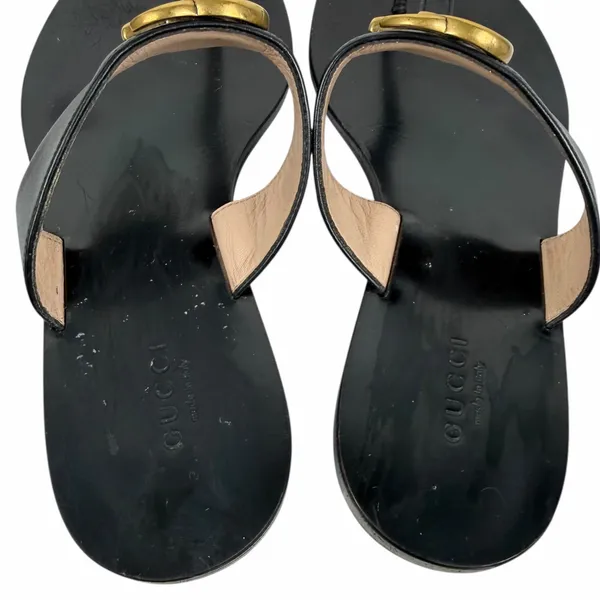 Gucci Black Leather Thong Sandal Gold Double G Logo Size 36.5 - Image 10