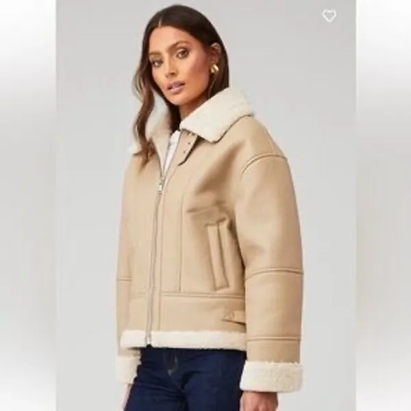 Heartloom Matin Faux Leather Sherpa Coat Jacket Beige Size M - Image 14