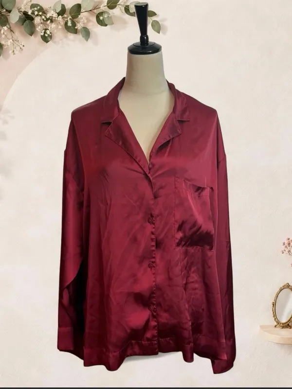 H&M Satin Button-Down Shirt in Wine - Image 3
