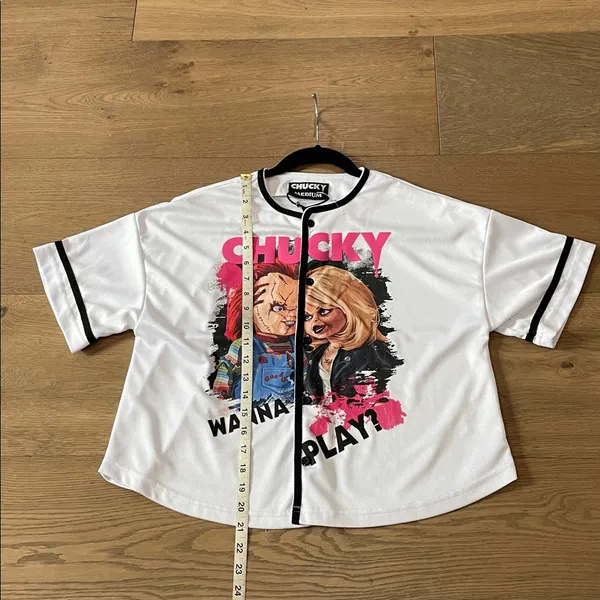 Universal Studios Chucky and Tiffany “Wanna Play?” Crop Baseball Jersey Medium - Image 8