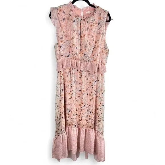 Ellison Pink Floral Polka Dot Mixed Print Ruffle Tiered Midi Dress Size L - Image 3