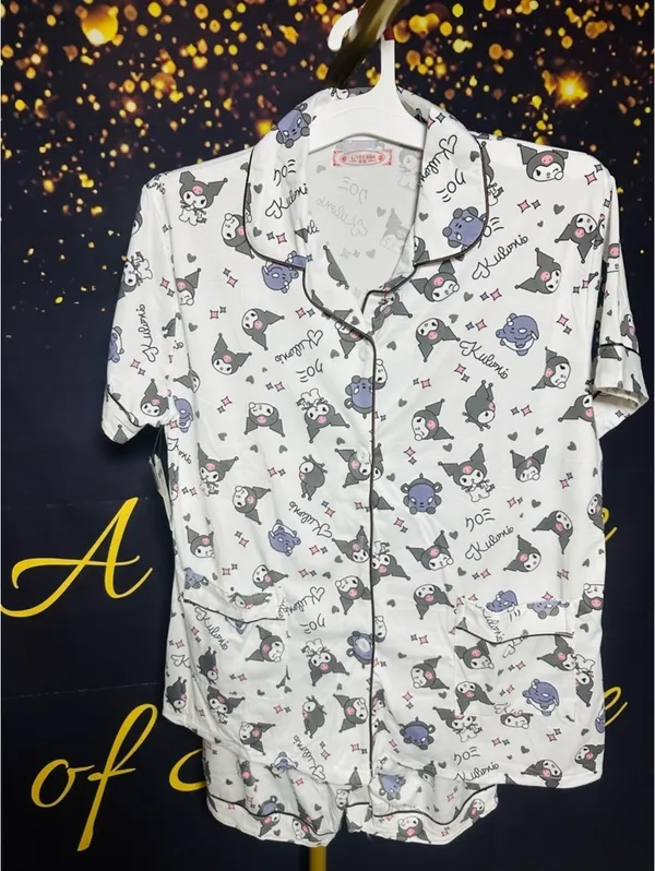 Kumari Womens Large 3 Piece Pajama Set Cat Print Button Top Shorts Pants PJs - Image 4