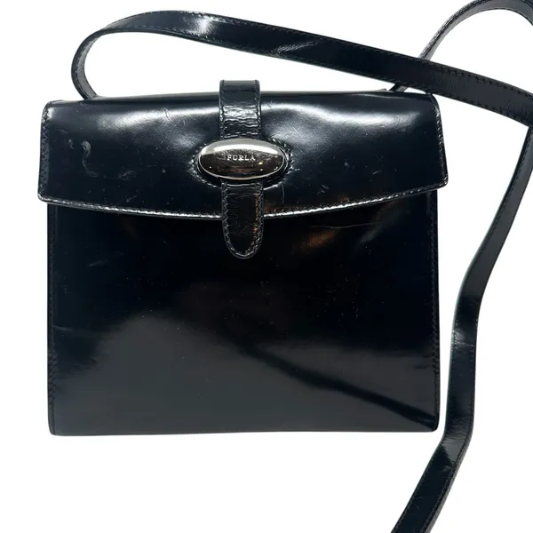 Furla Vintage‎ Shoulder Bag Purse PVC Vinyl Silver Buckle Black - Image 2
