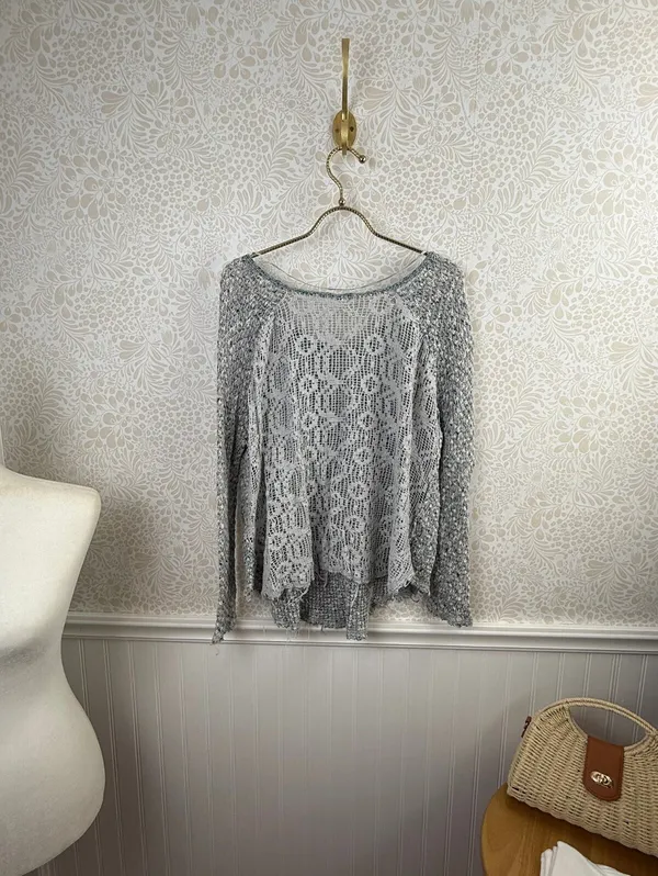 Free People Gray and Blue Poppyseed Knit Lace Pullover Sweater - Size - Small - Image 3